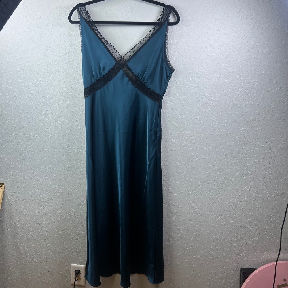 House of Harlow 1960 Slip Dress Teal Satin Lace Trim Midi M Fairy Grunge Whimsi